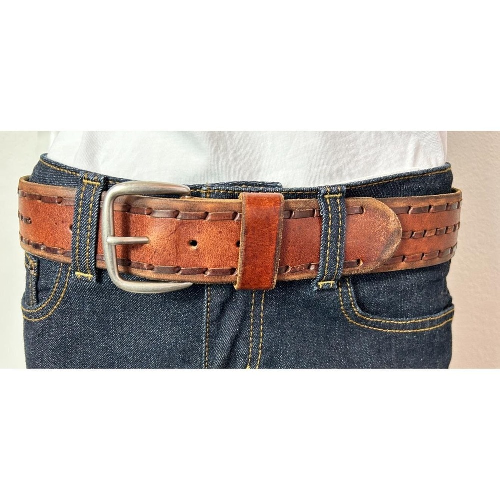 Vintage Aeropostale Brown Leather Whipstitch Western Boho Grunge Belt Small Y2K